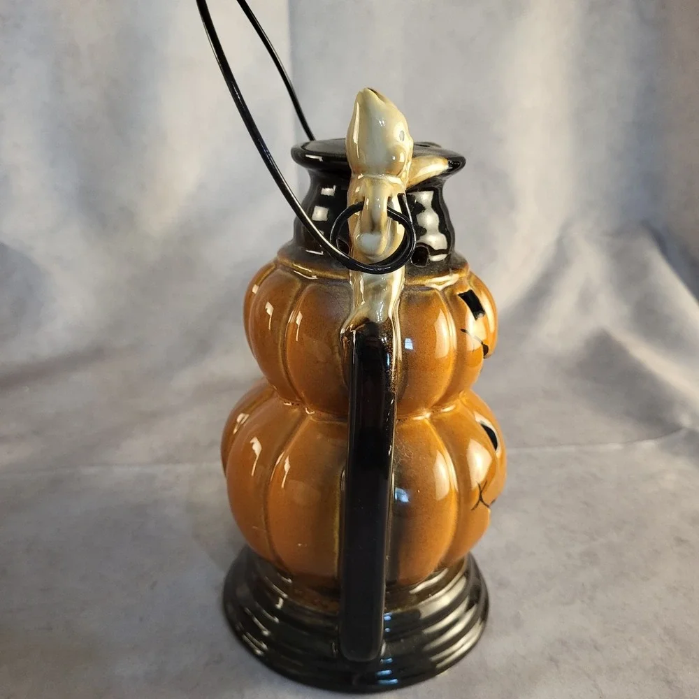 Vintage Ceramic Lantern W/Ghosts & Jack O' Lanterns Metal Handle Candle Holder